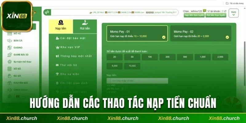 Hướng dẫn các thao tác nạp tiền chuẩn 